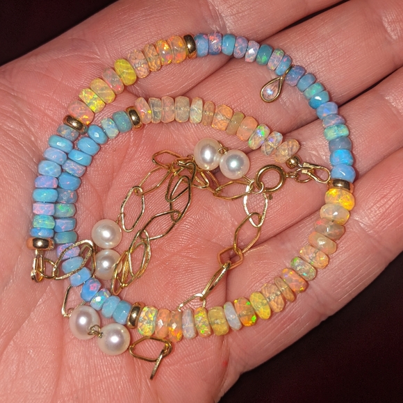 14k Yellow Gold Opals & Blue Opal Pearl Link Necklace with Moonstone Charm - Picture 3 of 16